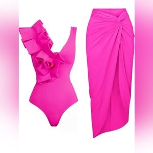 Pink, one-piece swim suit and matching wrap